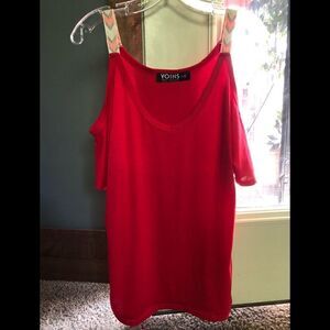 41-Cold shoulder red wide strap soft shorts sleeve top says XL fits like lg